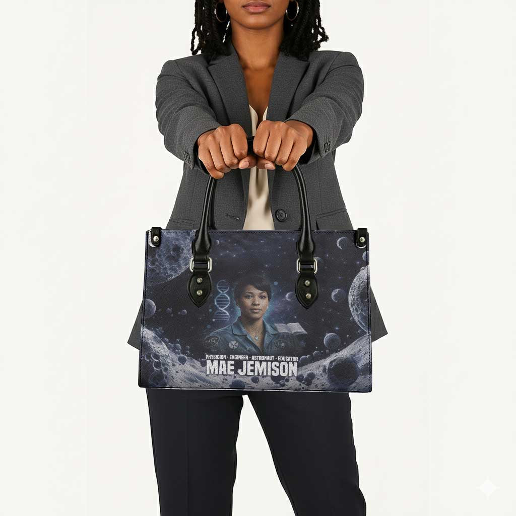 Mae Jemison Leather Bag with Space Portrait Design, Science Has No Boundaries Quote and DNA Book Elements - Wonder Print Shop