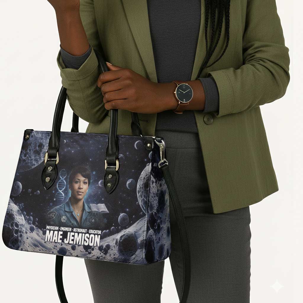 Mae Jemison Leather Bag with Space Portrait Design, Science Has No Boundaries Quote and DNA Book Elements - Wonder Print Shop