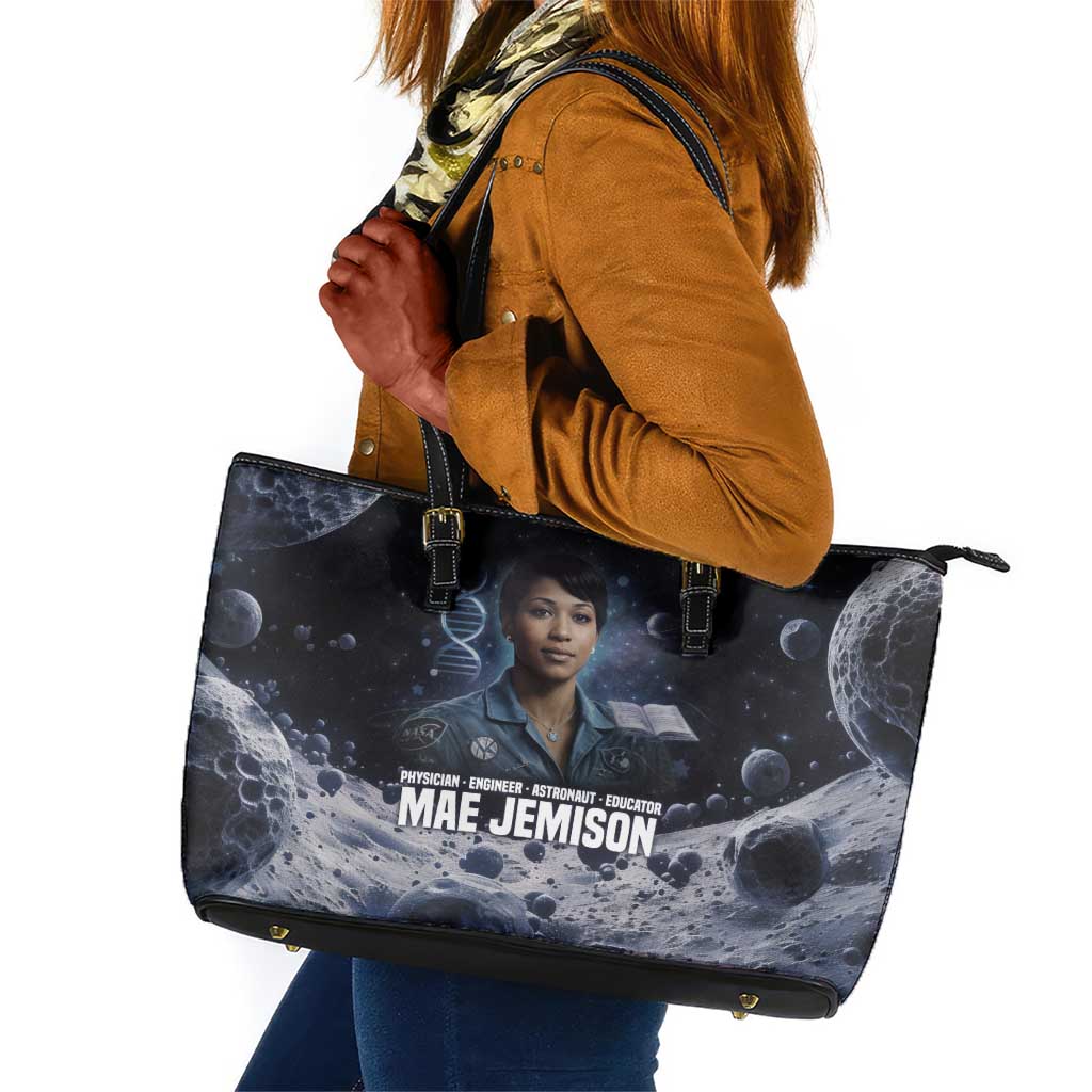 Mae Jemison Leather Tote Bag with Space Portrait Design, Science Has No Boundaries Quote and DNA Book Elements - Wonder Print Shop