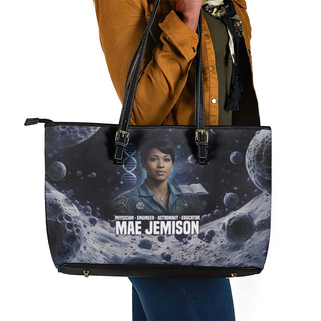 Mae Jemison Leather Tote Bag with Space Portrait Design, Science Has No Boundaries Quote and DNA Book Elements - Wonder Print Shop