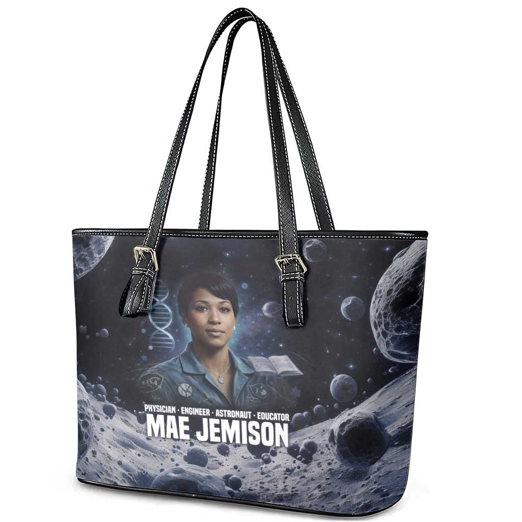 Mae Jemison Leather Tote Bag with Space Portrait Design, Science Has No Boundaries Quote and DNA Book Elements - Wonder Print Shop