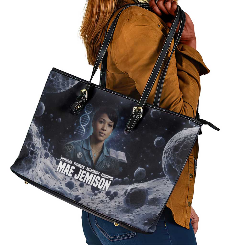 Mae Jemison Leather Tote Bag with Space Portrait Design, Science Has No Boundaries Quote and DNA Book Elements - Wonder Print Shop