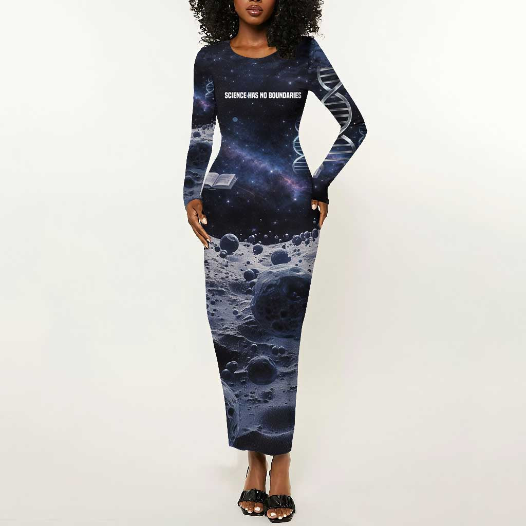 Mae Jemison Long Sleeve Bodycon Dress with Space Portrait Design, Science Has No Boundaries Quote and DNA Book Elements - Wonder Print Shop