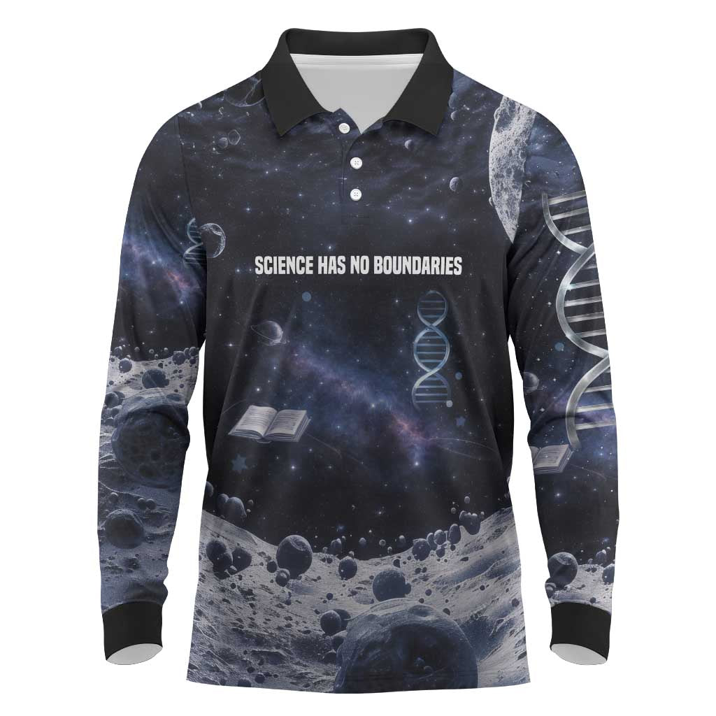 Mae Jemison Long Sleeve Polo Shirt with Space Portrait Design, Science Has No Boundaries Quote and DNA Book Elements - Wonder Print Shop