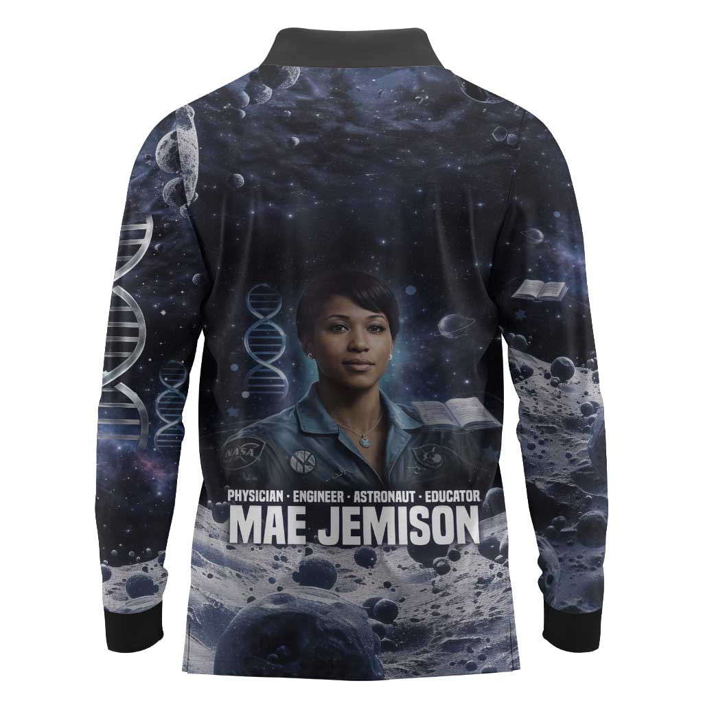 Mae Jemison Long Sleeve Polo Shirt with Space Portrait Design, Science Has No Boundaries Quote and DNA Book Elements - Wonder Print Shop