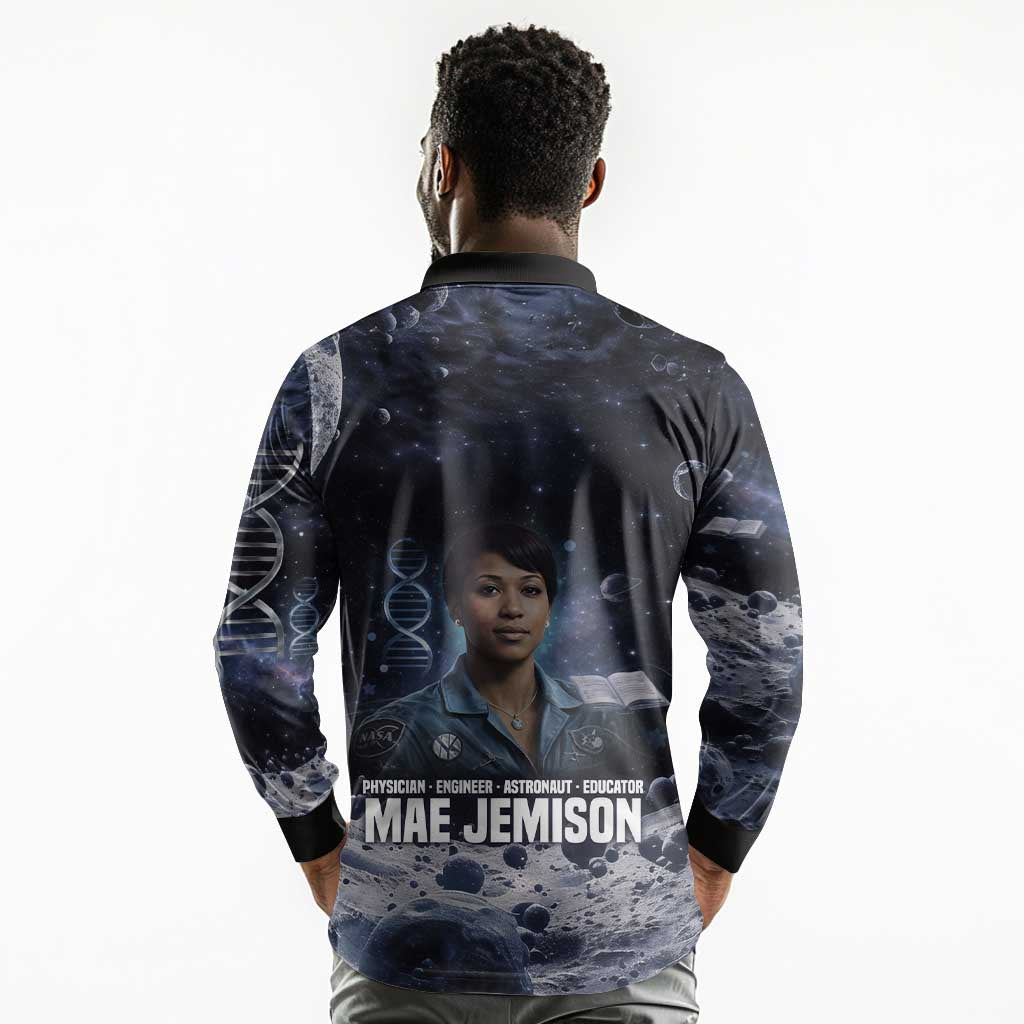 Mae Jemison Long Sleeve Polo Shirt with Space Portrait Design, Science Has No Boundaries Quote and DNA Book Elements - Wonder Print Shop