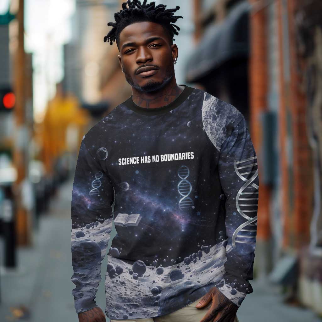 Mae Jemison Long Sleeve Shirt with Space Portrait Design, Science Has No Boundaries Quote and DNA Book Elements - Wonder Print Shop
