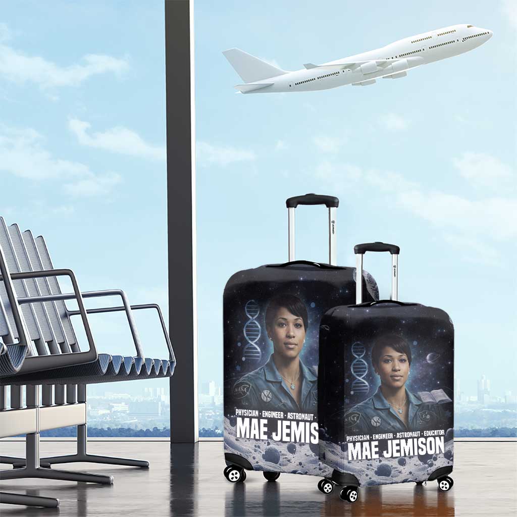 Mae Jemison Luggage Cover with Space Portrait Design, Science Has No Boundaries Quote and DNA Book Elements - Wonder Print Shop