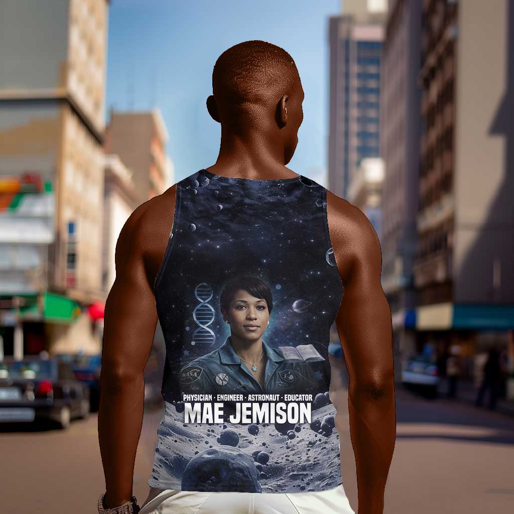 Mae Jemison Men Tank Top with Space Portrait Design, Science Has No Boundaries Quote and DNA Book Elements - Wonder Print Shop