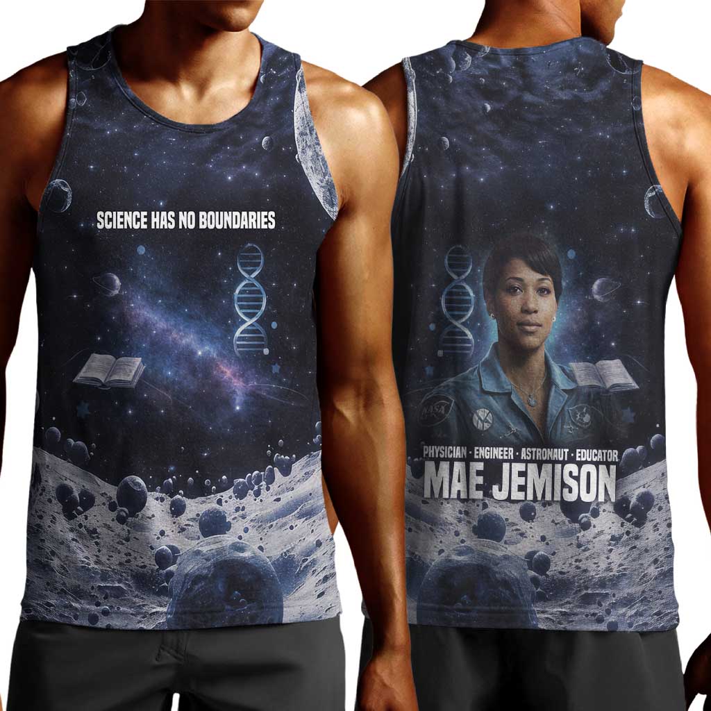Mae Jemison Men Tank Top with Space Portrait Design, Science Has No Boundaries Quote and DNA Book Elements - Wonder Print Shop