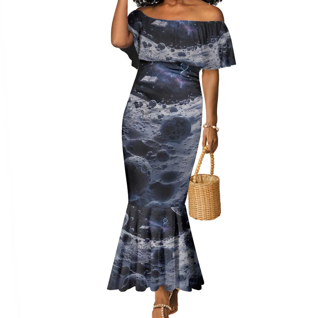 Mae Jemison Mermaid Dress with Space Portrait Design, Science Has No Boundaries Quote and DNA Book Elements - Wonder Print Shop