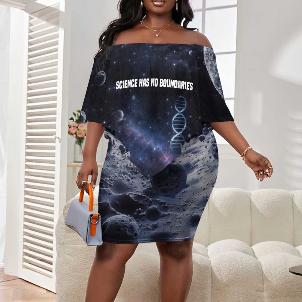 Mae Jemison Off Shoulder Short Dress with Space Portrait Design, Science Has No Boundaries Quote and DNA Book Elements - Wonder Print Shop