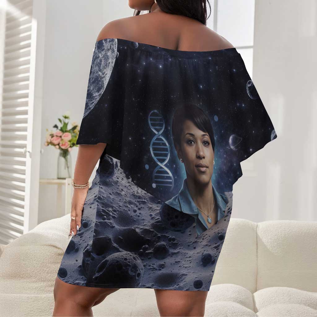 Mae Jemison Off Shoulder Short Dress with Space Portrait Design, Science Has No Boundaries Quote and DNA Book Elements - Wonder Print Shop