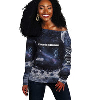 Mae Jemison Off Shoulder Sweater with Space Portrait Design, Science Has No Boundaries Quote and DNA Book Elements - Wonder Print Shop
