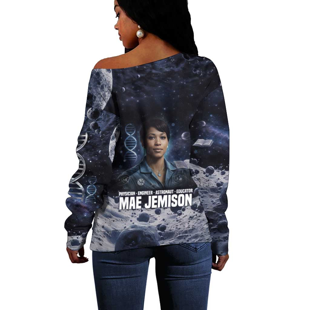 Mae Jemison Off Shoulder Sweater with Space Portrait Design, Science Has No Boundaries Quote and DNA Book Elements - Wonder Print Shop
