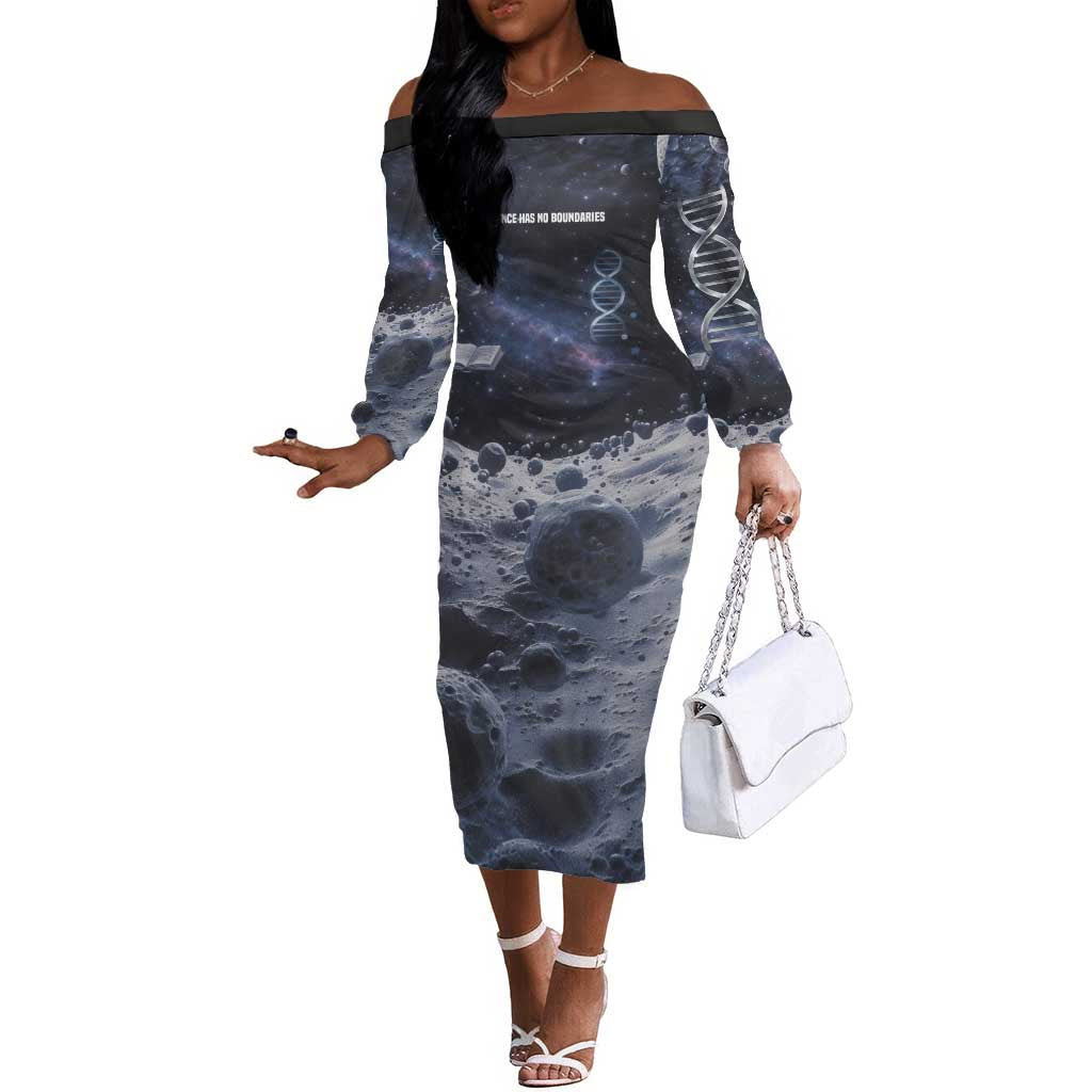 Mae Jemison Off The Shoulder Long Sleeve Dress with Space Portrait Design, Science Has No Boundaries Quote and DNA Book Elements - Wonder Print Shop