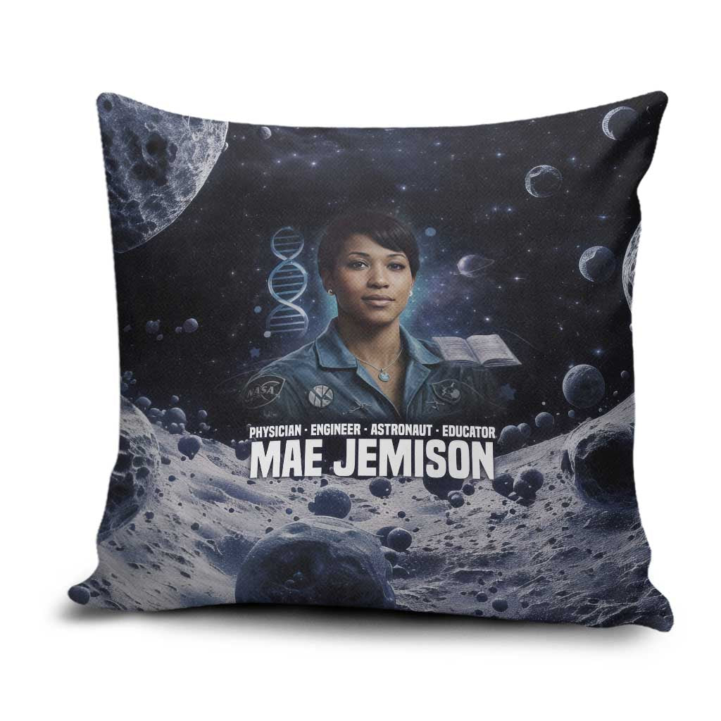 Mae Jemison Pillow Cover with Space Portrait Design, Science Has No Boundaries Quote and DNA Book Elements - Wonder Print Shop