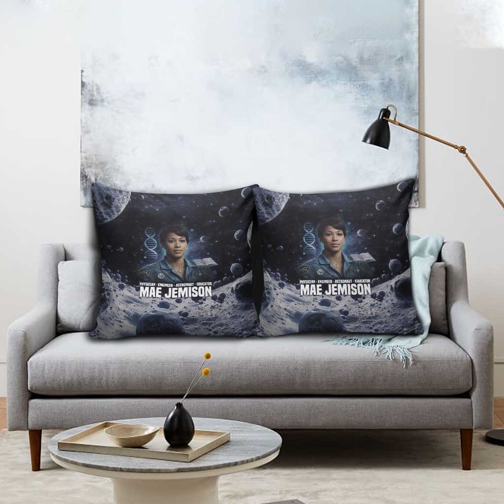 Mae Jemison Pillow Cover with Space Portrait Design, Science Has No Boundaries Quote and DNA Book Elements - Wonder Print Shop