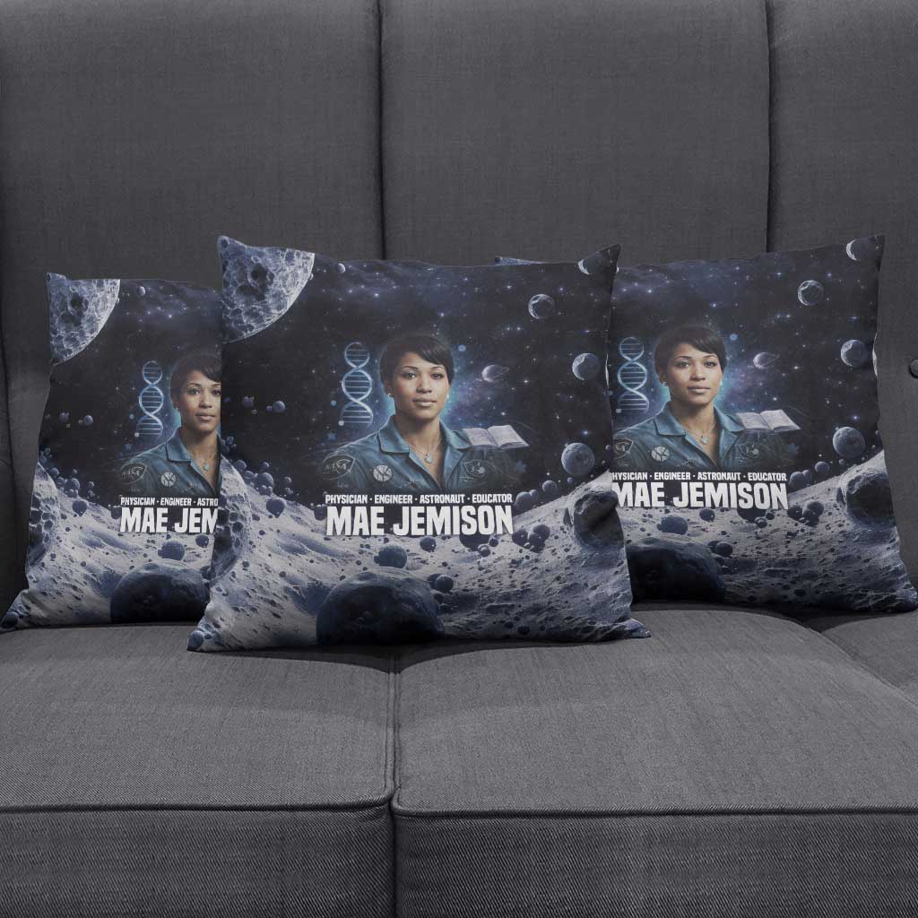Mae Jemison Pillow Cover with Space Portrait Design, Science Has No Boundaries Quote and DNA Book Elements - Wonder Print Shop