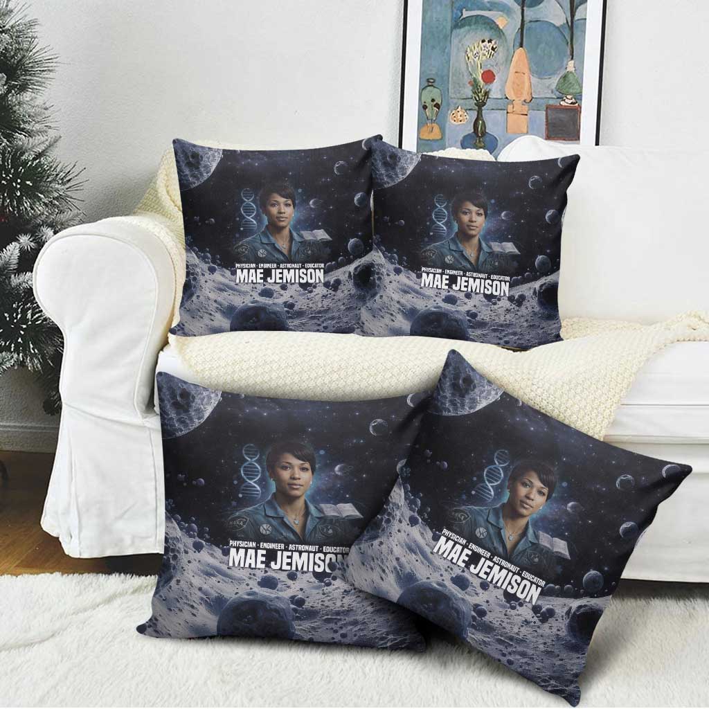 Mae Jemison Pillow Cover with Space Portrait Design, Science Has No Boundaries Quote and DNA Book Elements - Wonder Print Shop