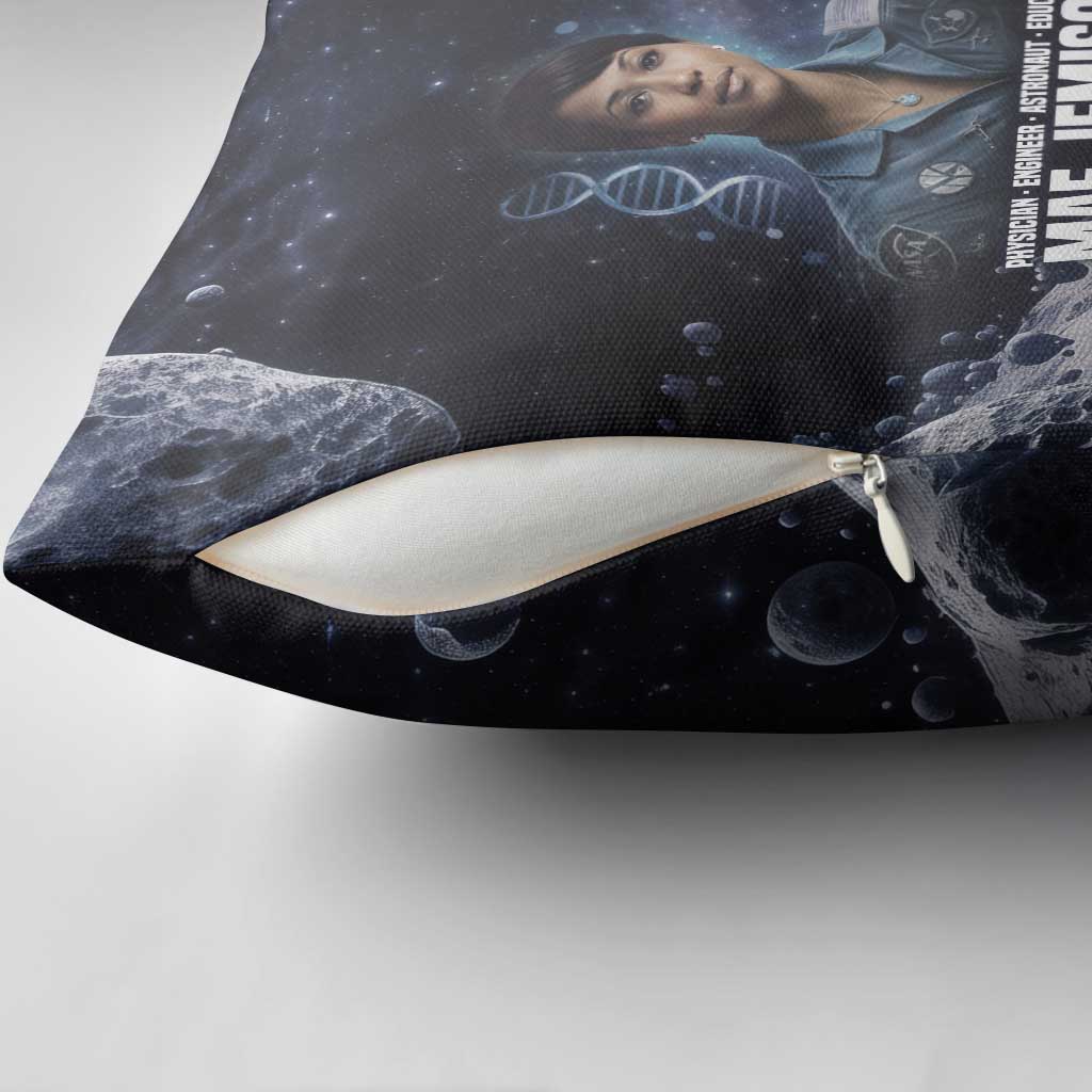 Mae Jemison Pillow Cover with Space Portrait Design, Science Has No Boundaries Quote and DNA Book Elements - Wonder Print Shop