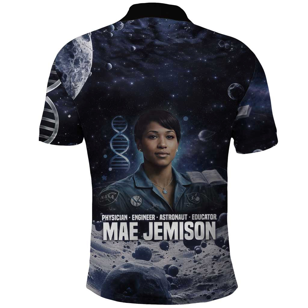 Mae Jemison Polo Shirt with Space Portrait Design, Science Has No Boundaries Quote and DNA Book Elements - Wonder Print Shop