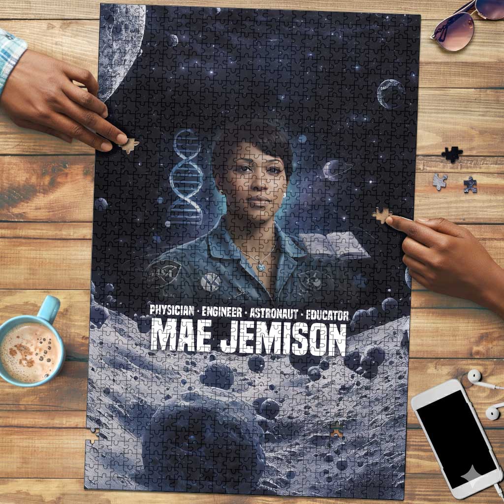 Mae Jemison Puzzle with Space Portrait Design, Science Has No Boundaries Quote and DNA Book Elements - Wonder Print Shop