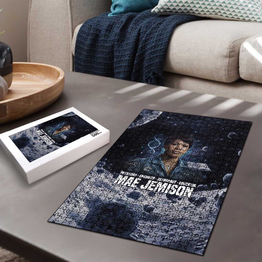 Mae Jemison Puzzle with Space Portrait Design, Science Has No Boundaries Quote and DNA Book Elements - Wonder Print Shop