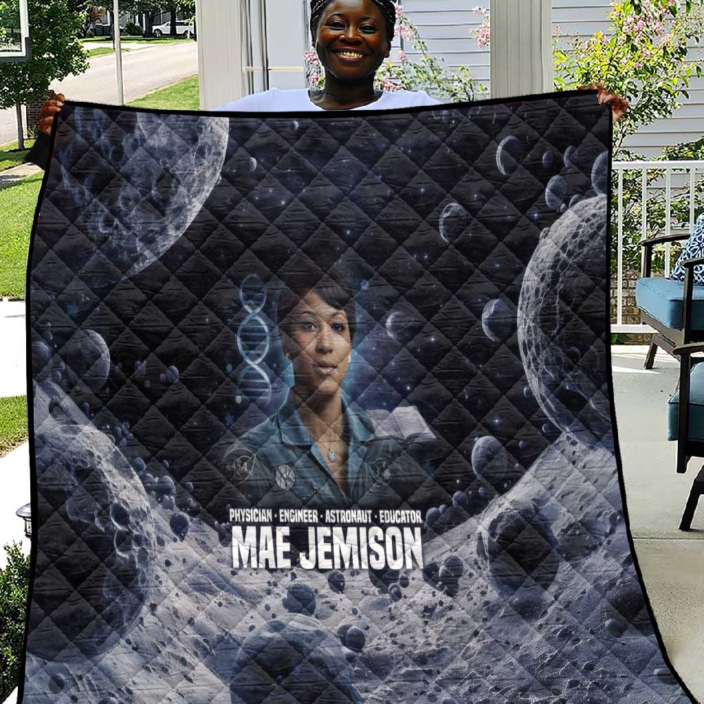 Mae Jemison Quilt with Space Portrait Design, Science Has No Boundaries Quote and DNA Book Elements - Wonder Print Shop