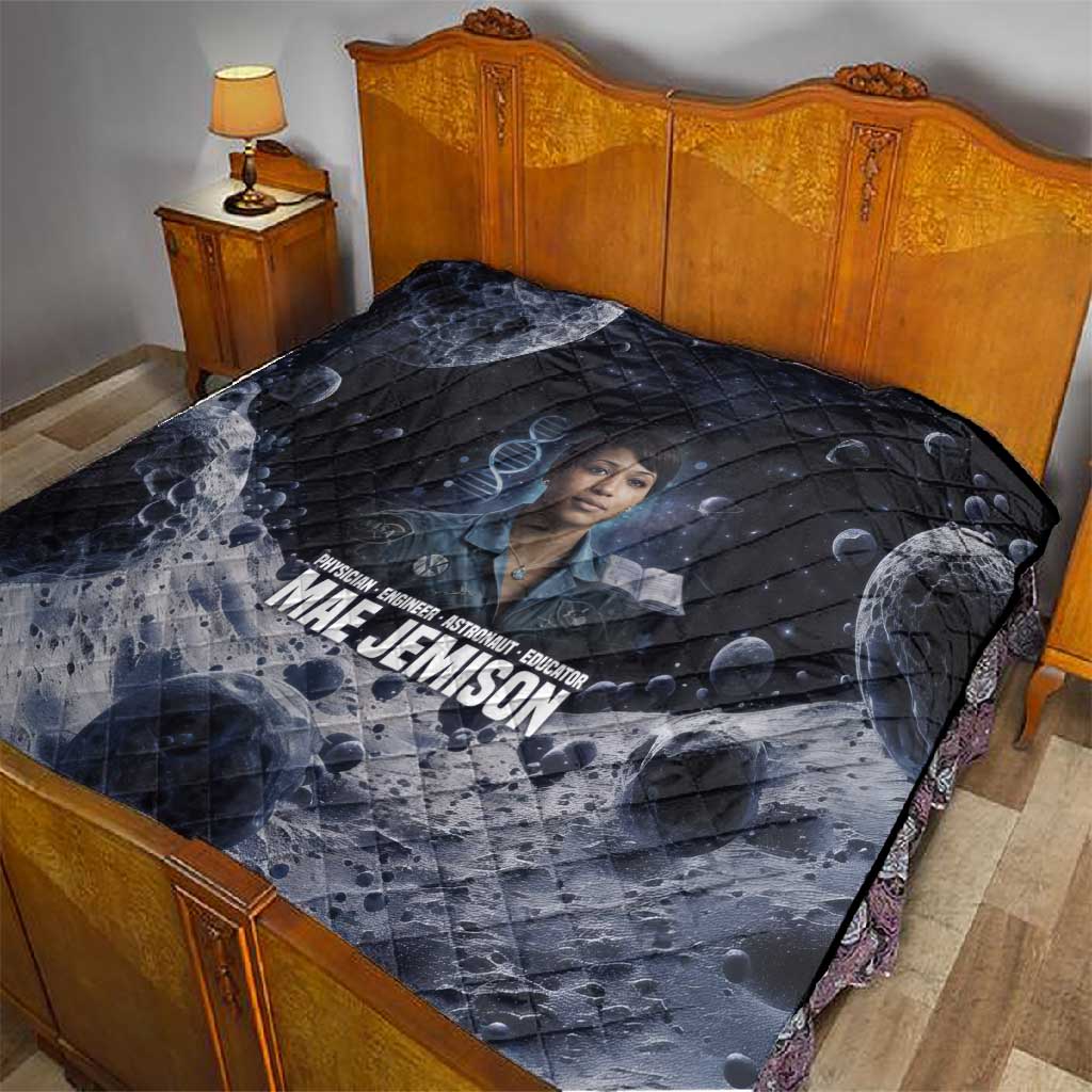 Mae Jemison Quilt with Space Portrait Design, Science Has No Boundaries Quote and DNA Book Elements - Wonder Print Shop