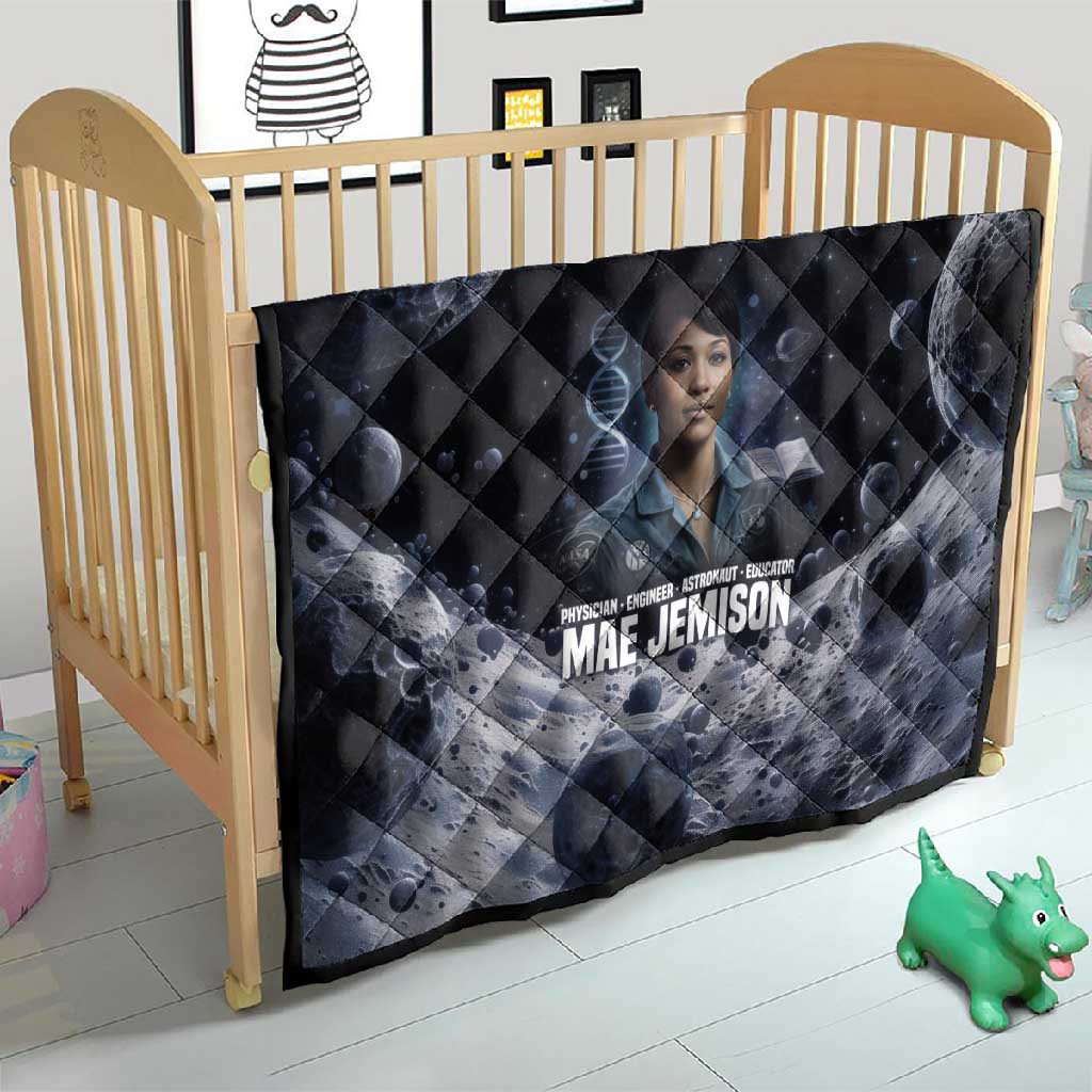 Mae Jemison Quilt with Space Portrait Design, Science Has No Boundaries Quote and DNA Book Elements - Wonder Print Shop