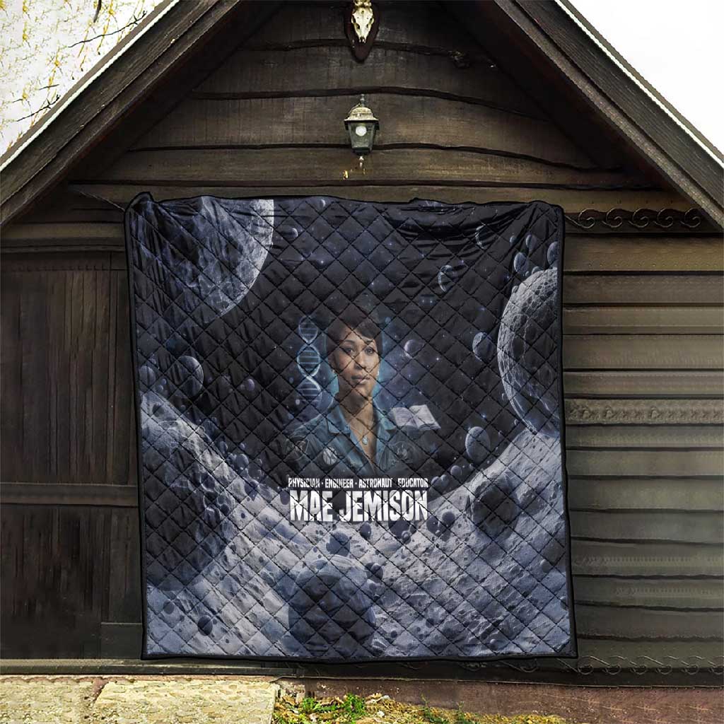 Mae Jemison Quilt with Space Portrait Design, Science Has No Boundaries Quote and DNA Book Elements - Wonder Print Shop