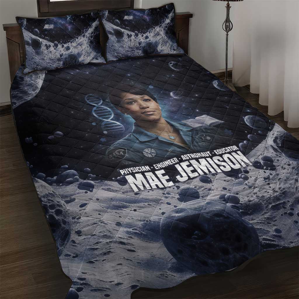 Mae Jemison Quilt Bed Set with Space Portrait Design, Science Has No Boundaries Quote and DNA Book Elements - Wonder Print Shop