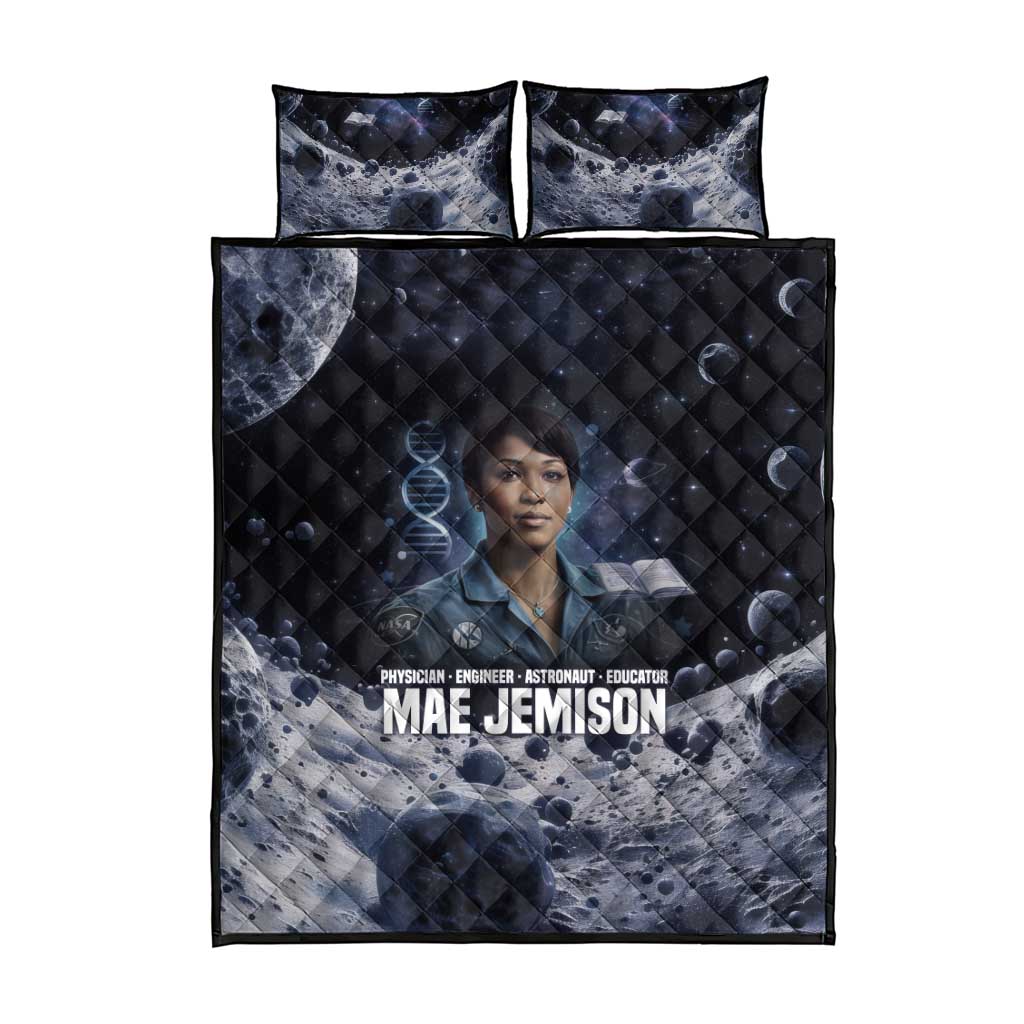 Mae Jemison Quilt Bed Set with Space Portrait Design, Science Has No Boundaries Quote and DNA Book Elements - Wonder Print Shop