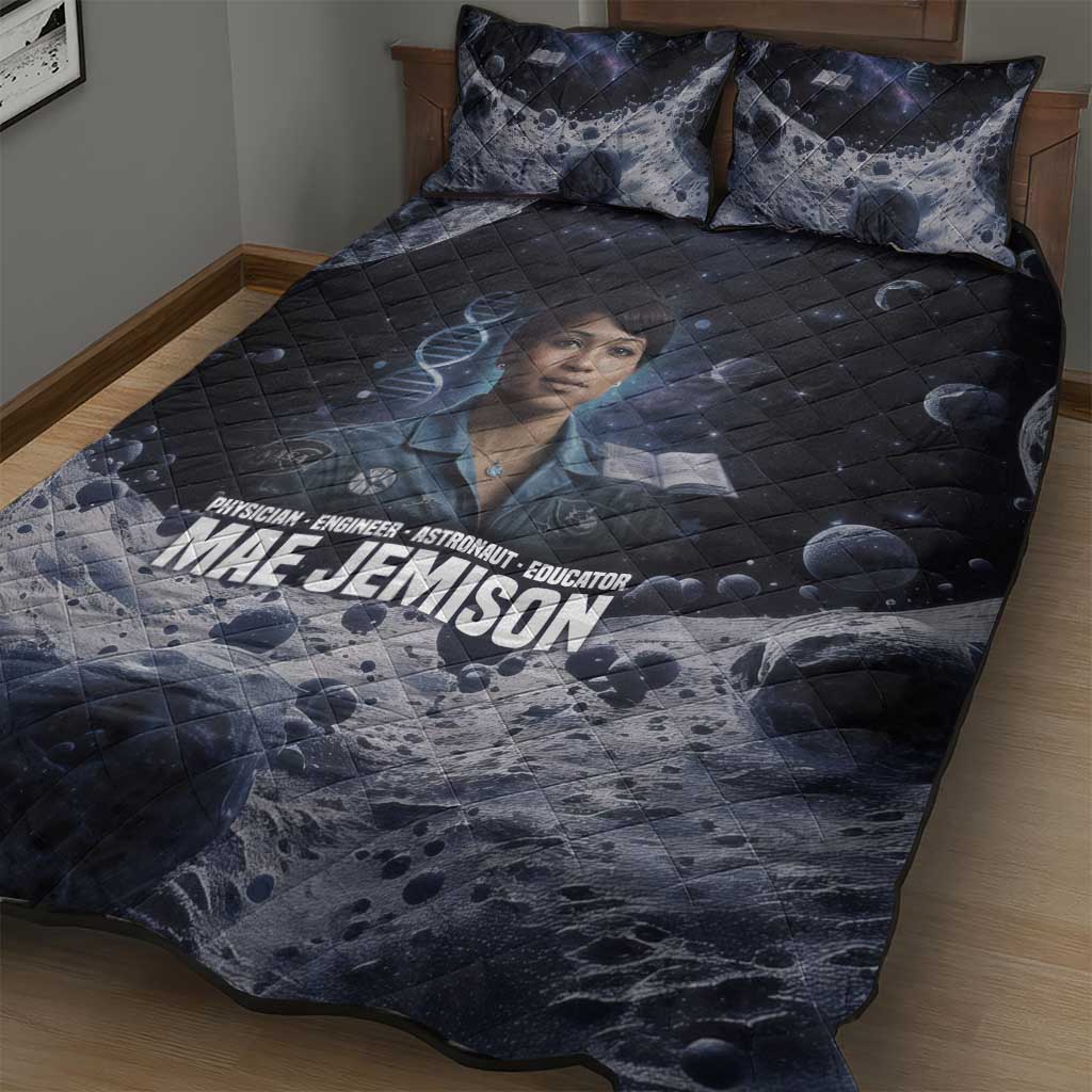 Mae Jemison Quilt Bed Set with Space Portrait Design, Science Has No Boundaries Quote and DNA Book Elements - Wonder Print Shop