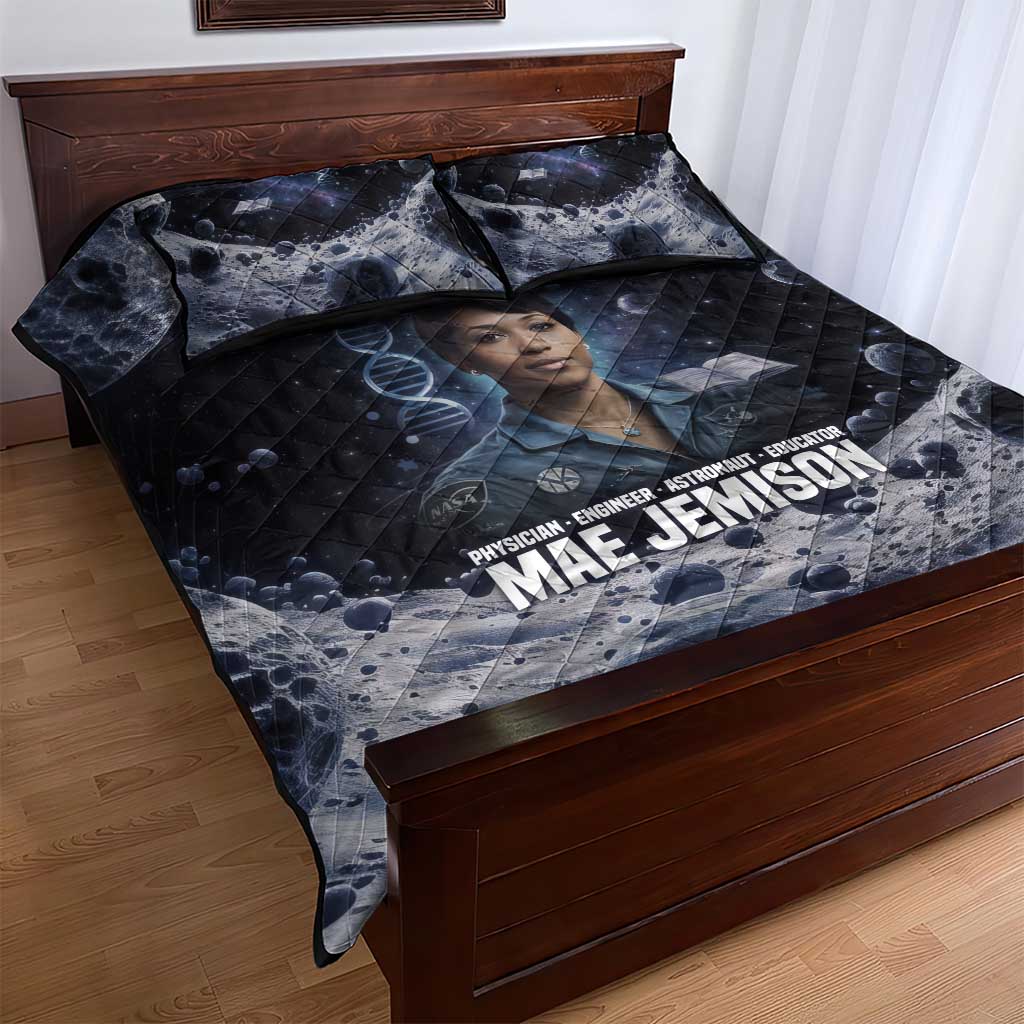 Mae Jemison Quilt Bed Set with Space Portrait Design, Science Has No Boundaries Quote and DNA Book Elements - Wonder Print Shop