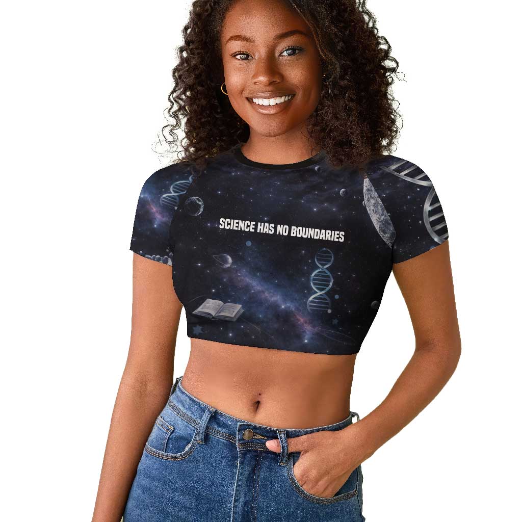 Mae Jemison Raglan Cropped T shirt with Space Portrait Design, Science Has No Boundaries Quote and DNA Book Elements - Wonder Print Shop