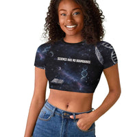 Mae Jemison Raglan Cropped T shirt with Space Portrait Design, Science Has No Boundaries Quote and DNA Book Elements - Wonder Print Shop