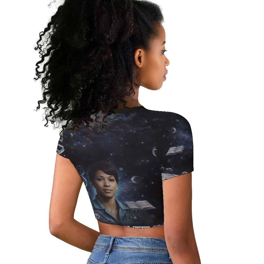 Mae Jemison Raglan Cropped T shirt with Space Portrait Design, Science Has No Boundaries Quote and DNA Book Elements - Wonder Print Shop