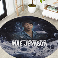 Mae Jemison Round Carpet with Space Portrait Design, Science Has No Boundaries Quote and DNA Book Elements - Wonder Print Shop
