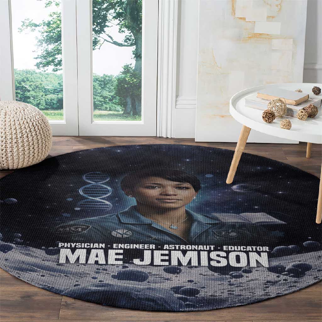 Mae Jemison Round Carpet with Space Portrait Design, Science Has No Boundaries Quote and DNA Book Elements - Wonder Print Shop