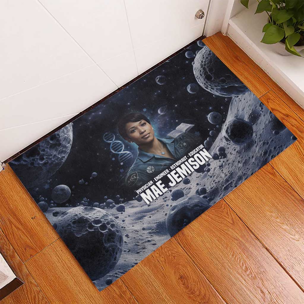 Mae Jemison Rubber Doormat with Space Portrait Design, Science Has No Boundaries Quote and DNA Book Elements - Wonder Print Shop