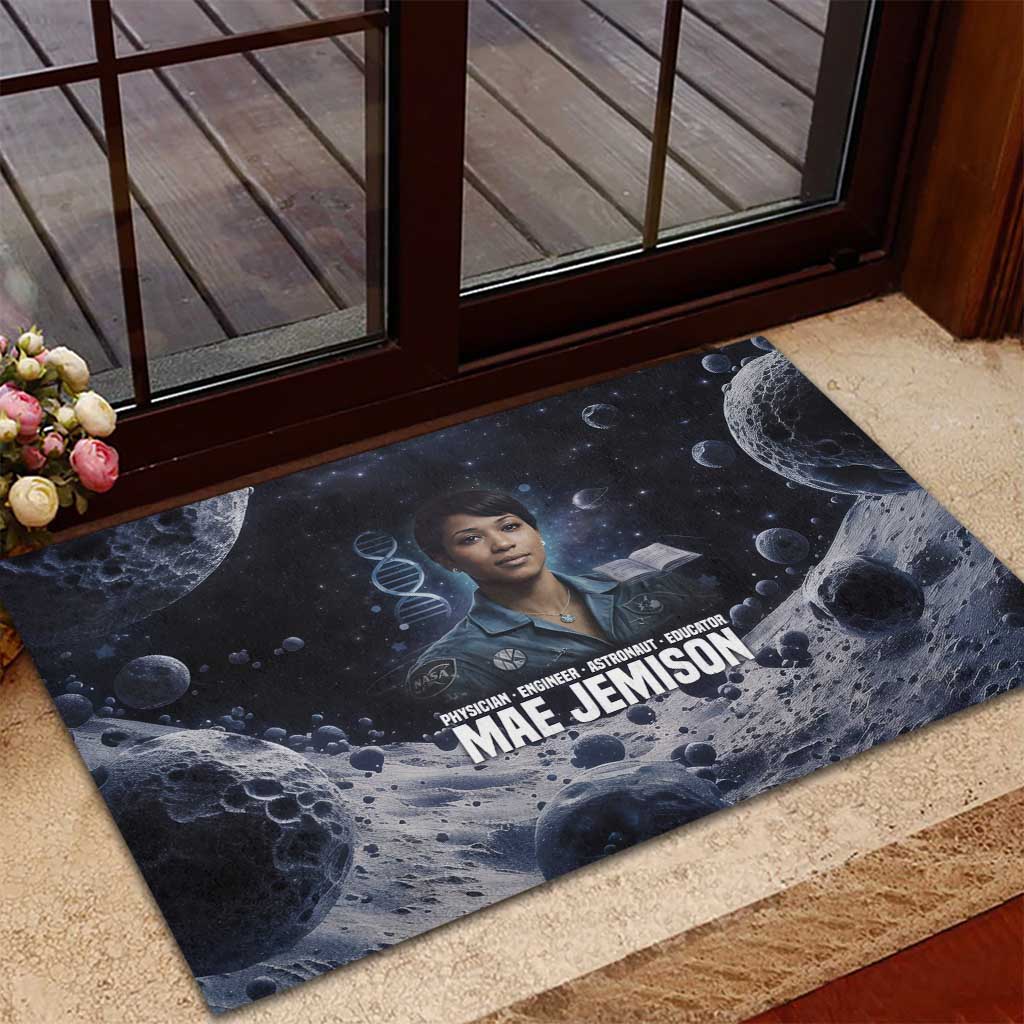 Mae Jemison Rubber Doormat with Space Portrait Design, Science Has No Boundaries Quote and DNA Book Elements - Wonder Print Shop