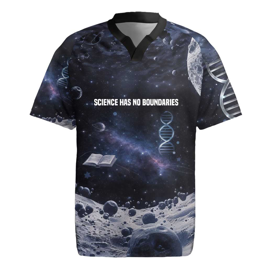 Mae Jemison Rugby Jersey with Space Portrait Design, Science Has No Boundaries Quote and DNA Book Elements - Wonder Print Shop
