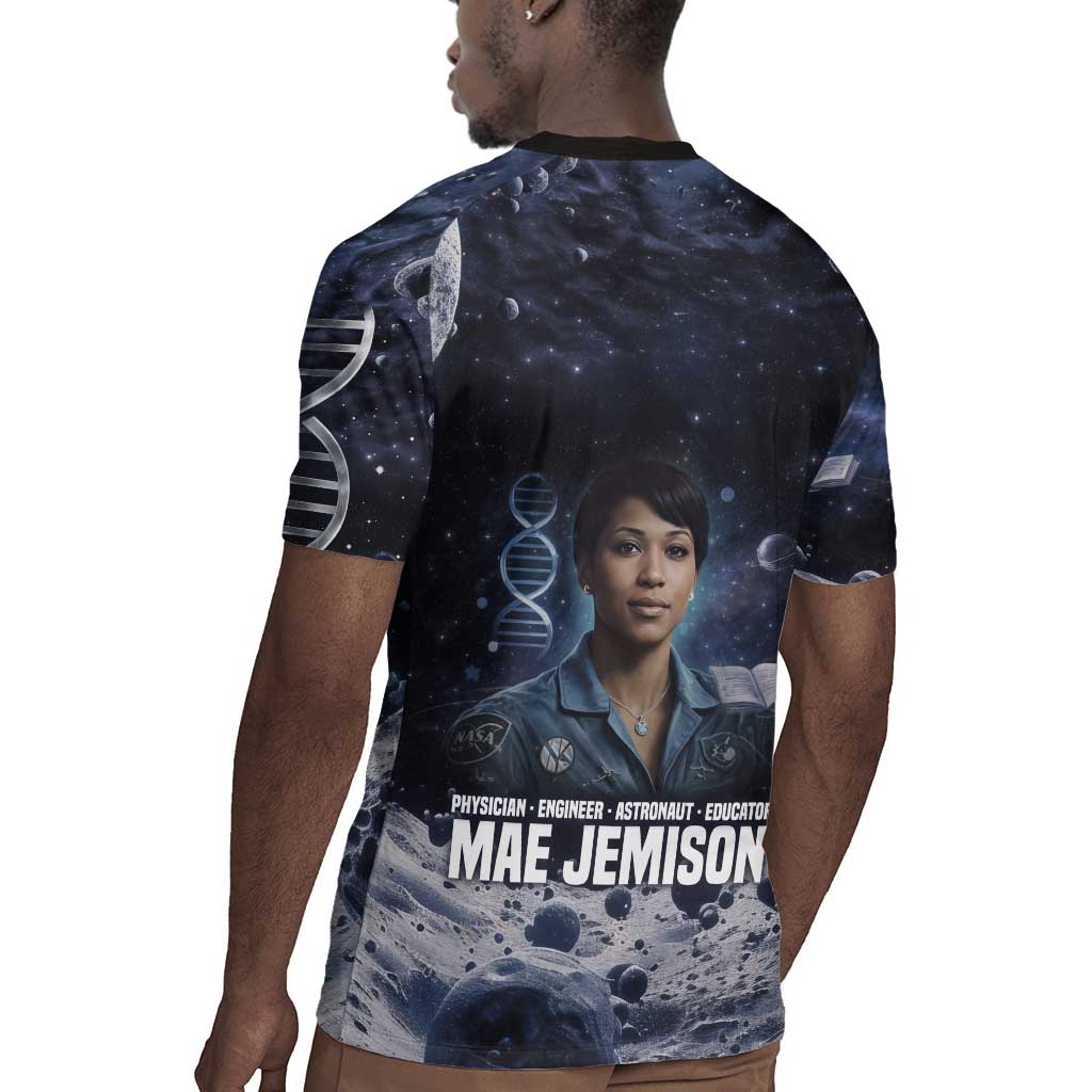 Mae Jemison Rugby Jersey with Space Portrait Design, Science Has No Boundaries Quote and DNA Book Elements - Wonder Print Shop