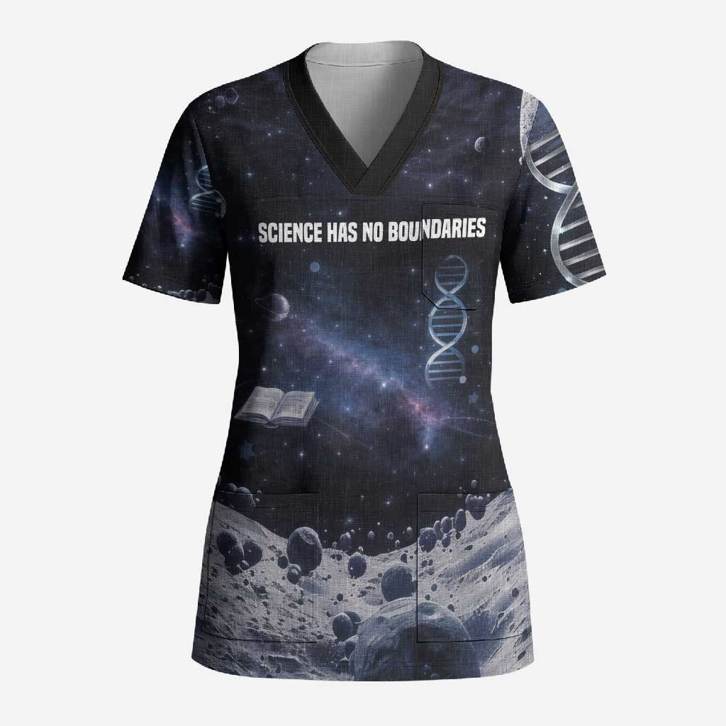 Mae Jemison Scrub Top with Space Portrait Design, Science Has No Boundaries Quote and DNA Book Elements - Wonder Print Shop