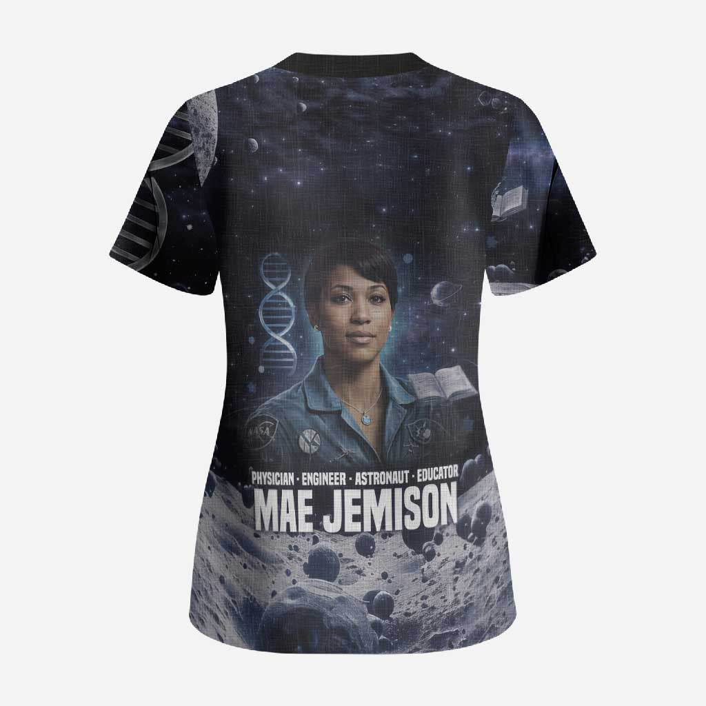 Mae Jemison Scrub Top with Space Portrait Design, Science Has No Boundaries Quote and DNA Book Elements - Wonder Print Shop