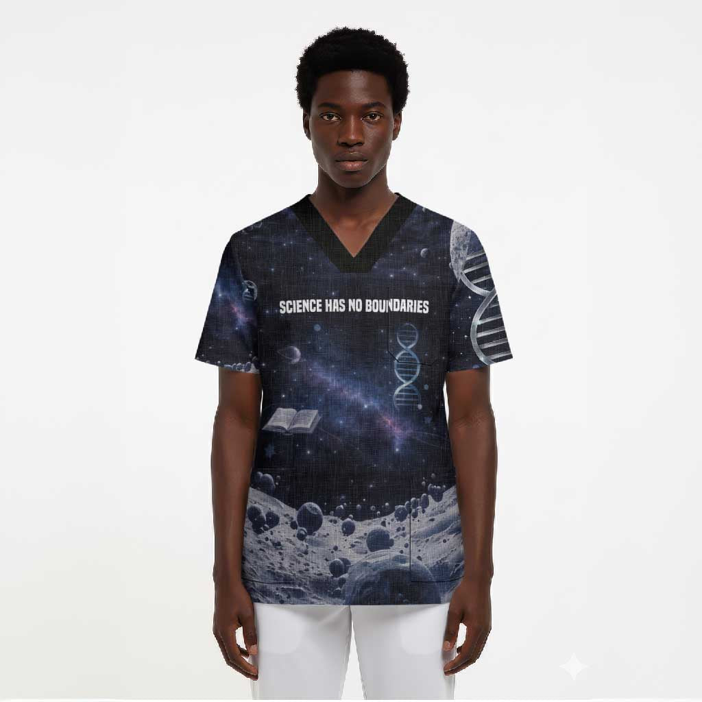 Mae Jemison Scrub Top with Space Portrait Design, Science Has No Boundaries Quote and DNA Book Elements - Wonder Print Shop