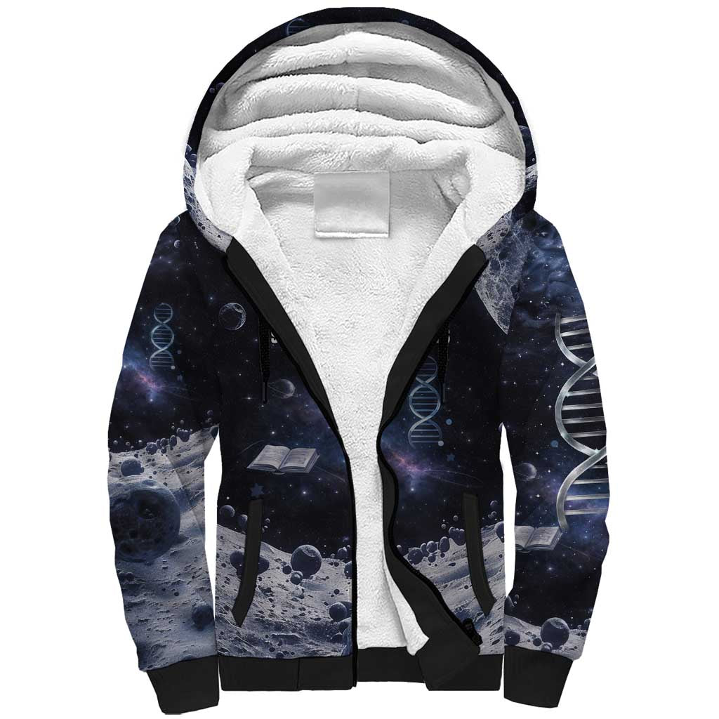 Mae Jemison Sherpa Hoodie with Space Portrait Design, Science Has No Boundaries Quote and DNA Book Elements - Wonder Print Shop