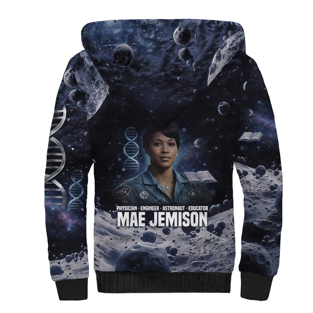 Mae Jemison Sherpa Hoodie with Space Portrait Design, Science Has No Boundaries Quote and DNA Book Elements - Wonder Print Shop